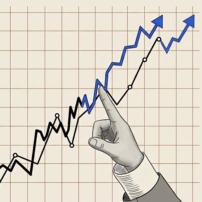 A hand pointing to rising paid media performance lines on a graph